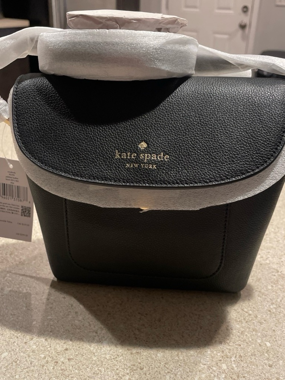 kate spade Black Pebbled Leather Flap Crossbody with Gold Logo